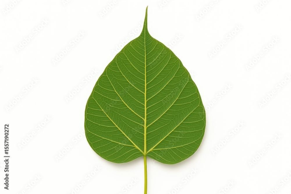 Poster elegant green bodhi leaf featuring intricate straight and curved patterns on a white backdrop