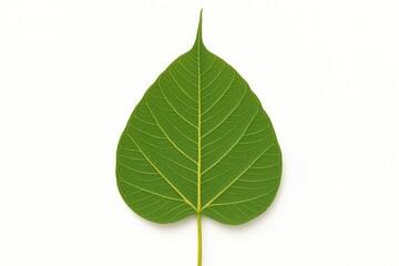 Elegant green Bodhi leaf featuring intricate straight and curved patterns on a white backdrop