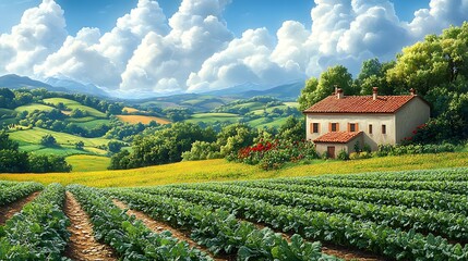 Fototapeta premium Scenic rural landscape with farmhouse and rolling hills