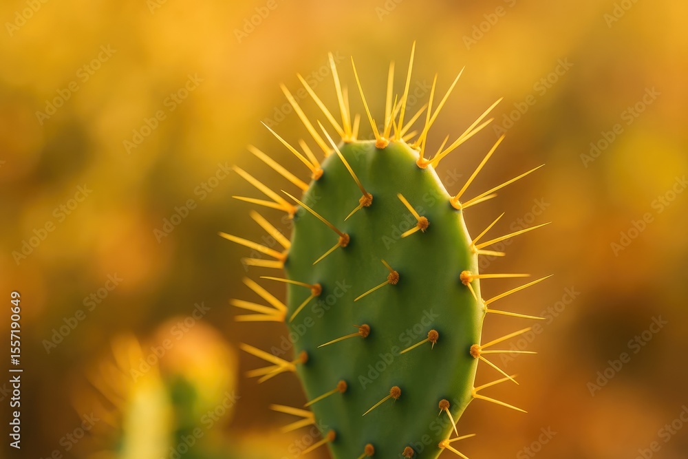 Poster close-up of a vibrant green cactus with golden spines, emphasizing a particular spot for focus. the 