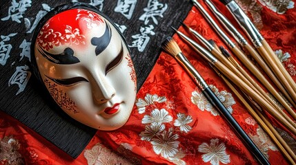 A detailed image of a kabuki mask resting on silk fabric beside calligraphy brushes and performance scripts capturing the elegance of the art form