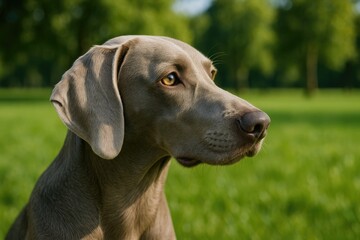 A gray dog gazes into the distance in daylight