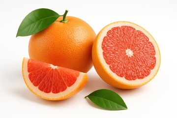 Collection of Grapefruit with Fresh Green Leaf on White Background