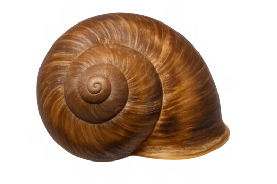 Close-up of a brown snail shell revealing its intricate spiral pattern against a transparent background