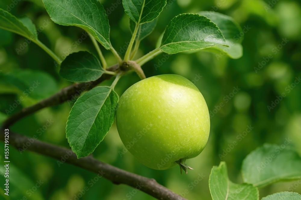 Poster detailed shot of an unripe green apple hanging from a tree branch with foliage