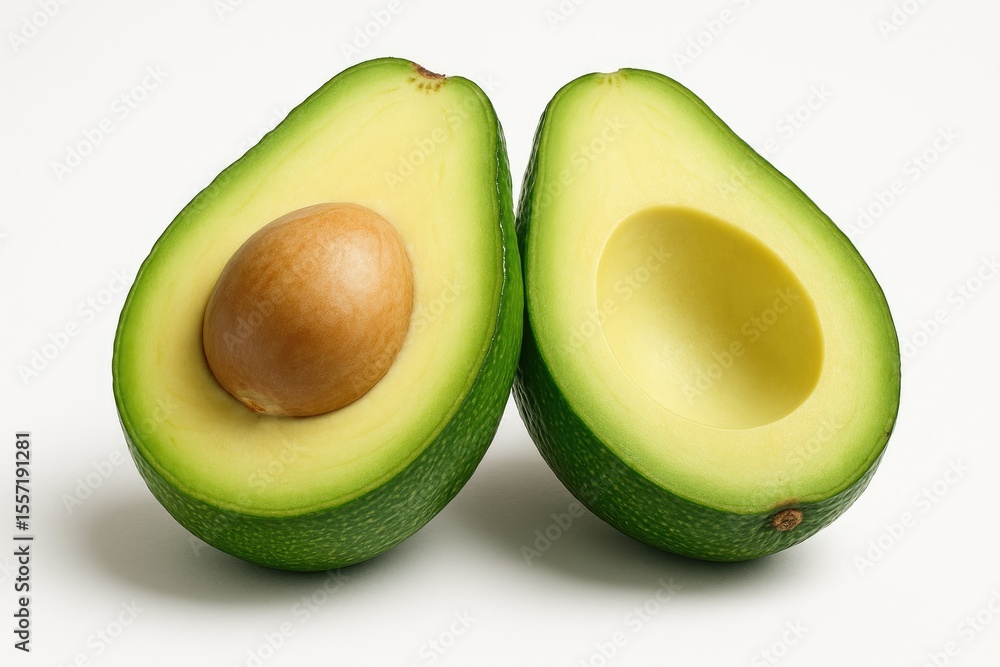 Poster fresh green avocado sliced open on a plain white surface