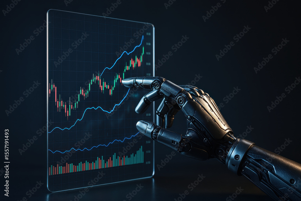 Poster robotic hand interacts with transparent digital screen displaying financial charts and data, symboli