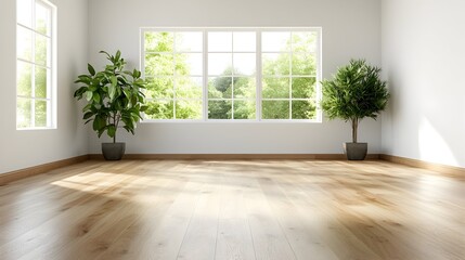 Fototapeta premium Sunny room, hardwood floor, plants, window view, interior design