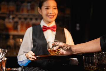 Professional female bartender preparing alcoholic drinks in a bar