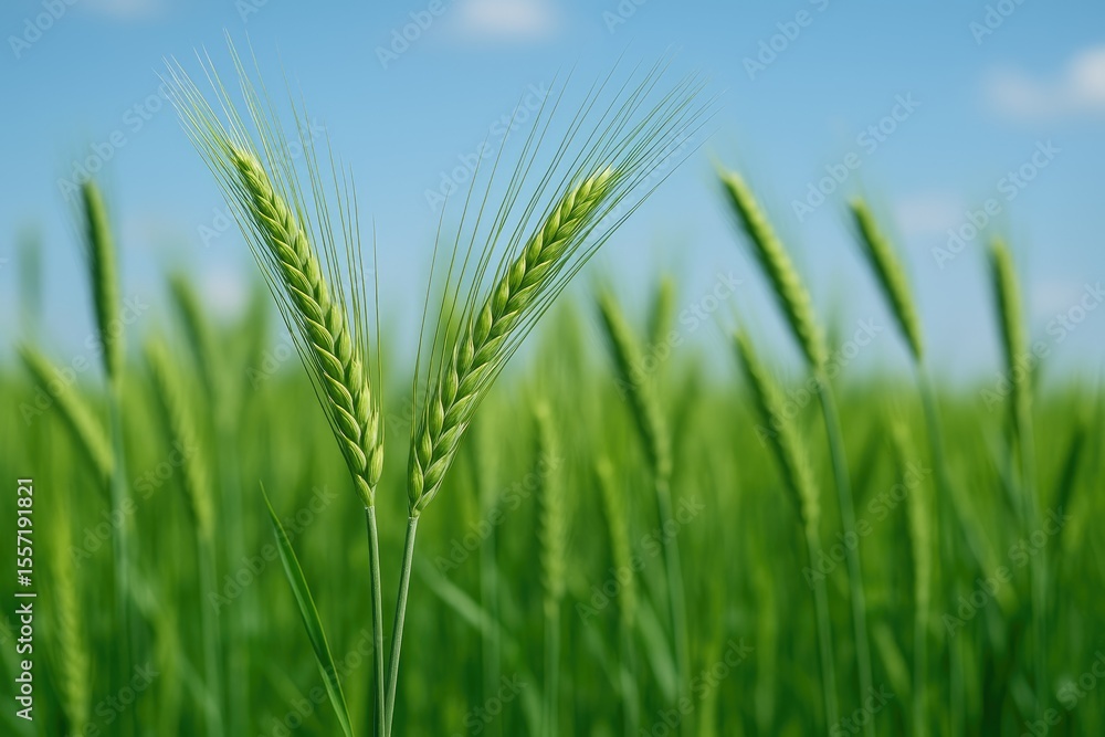 Poster springtime rye with lush green ears in the field