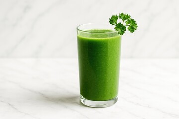 Vibrant green cleansing beverage on a white marble surface with room for text. Plant-based detox idea.