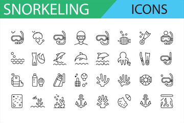 Snorkeling Icon Set for Ocean Exploration and Water Sports - A collection of minimalistic icons depicting snorkeling gear, underwater animals, coral, and other related symbols for marine activities an
