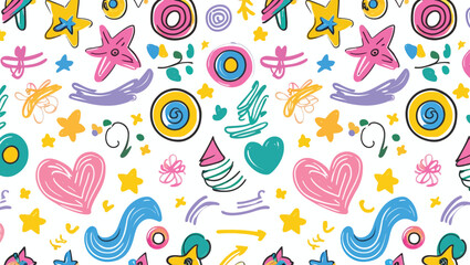 Playful Hand Drawn Doodle Pattern with Stars Hearts Circles and Scribbles