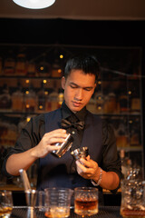 Professional male bartender preparing alcoholic drinks in a bar