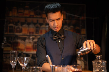 Professional male bartender preparing alcoholic drinks in a bar