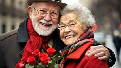 Happy senior man and woman hugging and smiling on the street, holding red roses. Symbol of long love and joy. - Powered by Adobe