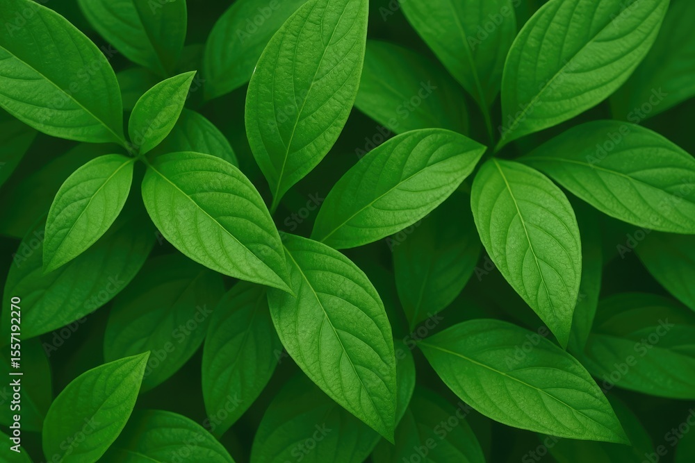 Poster detailed view of lush green foliage with a nature backdrop, emphasizing close-up and selective focus