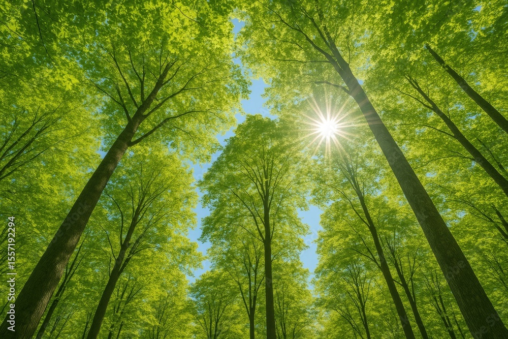 Poster Sunlit view of towering trees and lush greenery from a low angle