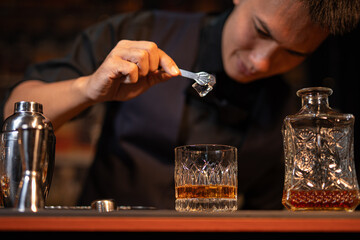 Professional male bartender preparing alcoholic drinks in a bar