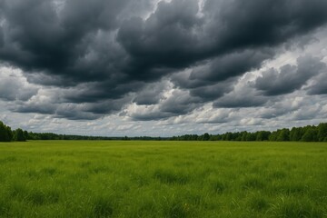 Lush grassland under overcast skies before rain during the day