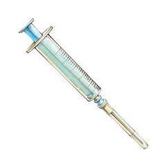 Disposable medical syringe without medicine with a needle closed with a cap. Watercolor style illustration on a white background. Sketch with outline for the concept of vaccination, injection