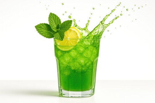Refreshing green drink garnished with mint on a plain white backdrop - Powered by Adobe
