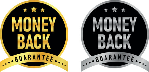 gold and silver money back guarantee labels with stars on black background in badge design	