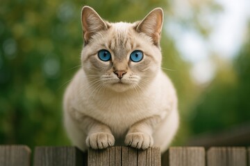 Gray feline with striking blue eyes perched on a wooden fence