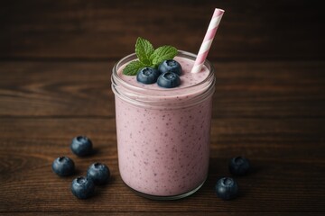 Creamy blueberry smoothie against a rustic wooden surface. Edited for tone.