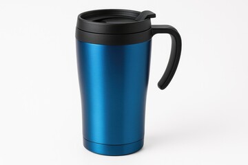 White background featuring a blue thermal mug isolated