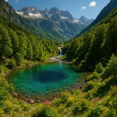 Scenic Blue Eye with Lake, River, and Waterfall Amidst the Albanian Alps near Theth Village