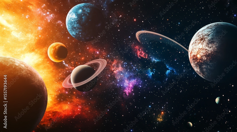 Aufkleber Planets with rings and colorful nebulae are creating a breathtaking cosmic scene illuminating the dark depths of the universe with vibrant colors and celestial wonders
