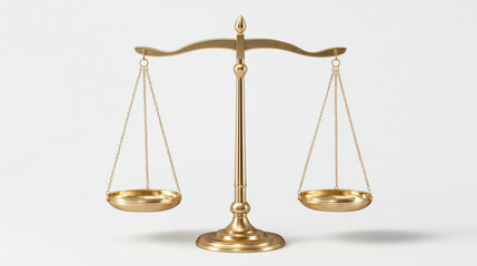 Justice, law, decisions concept - Balanced gold scale isolated on white 