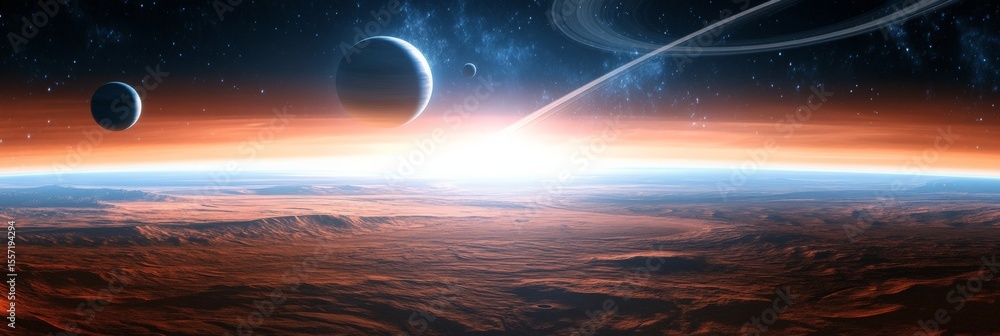 Aufkleber meteor streaking through the atmosphere of a red, rocky planet, with distant exoplanets and a majest