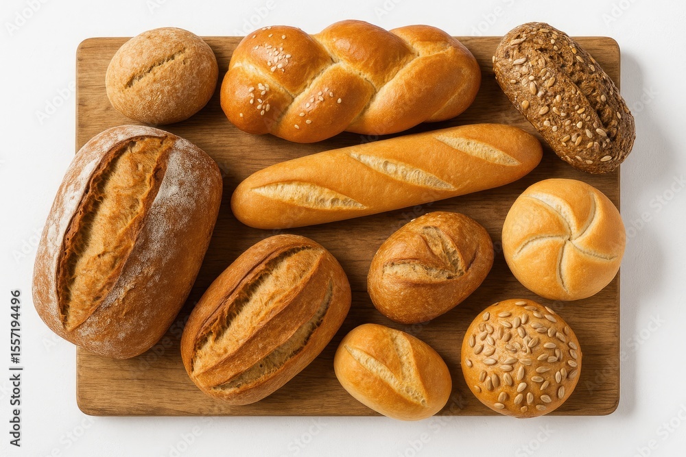 Poster assorted bread varieties and rolls displayed from above in a bakery setting with a kitchen backdrop.