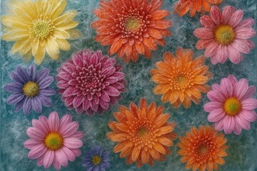 Vivid icy blooms with frost-covered petals and flower crowns encased in solid ice