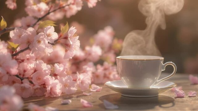Steaming Cup Near Pink Blossoms on Wooden Table - Relaxing Spring Scene