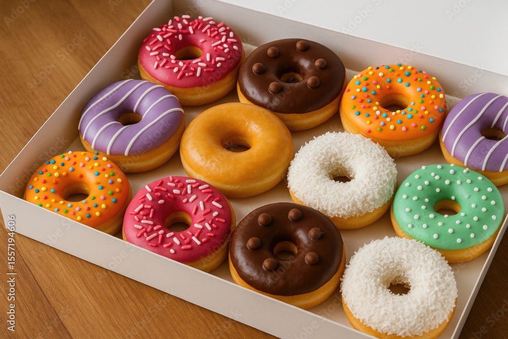 Poster vibrant array of donuts arranged in a box with coconut-covered varieties