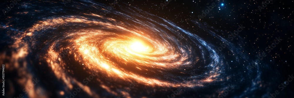 Poster Luminous cosmic spiral spinning through starry darkness, revealing intricate galactic structure with brilliant stellar clusters and swirling celestial patterns