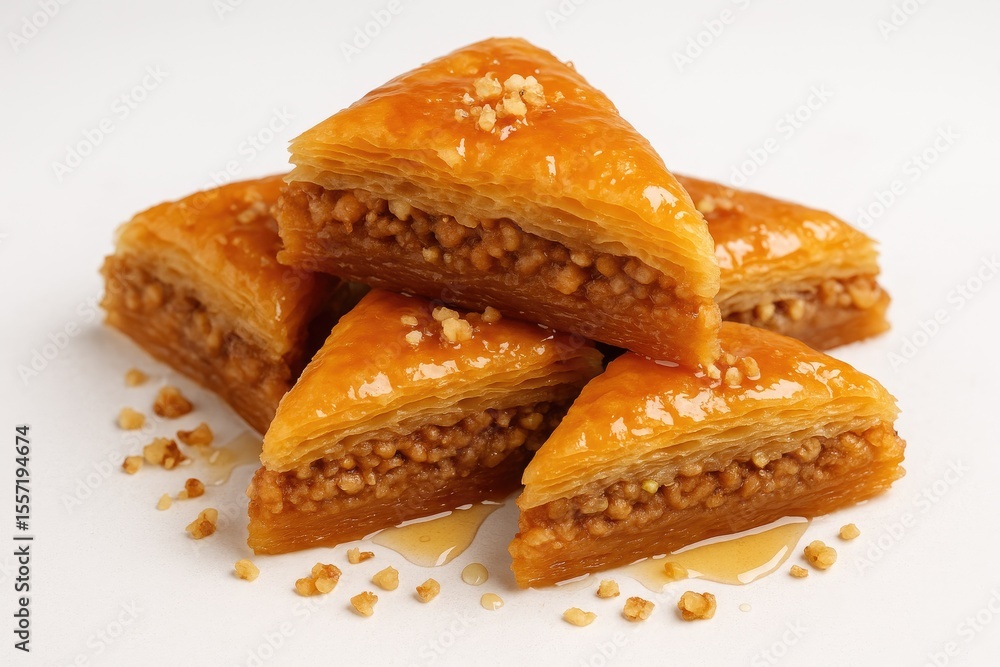 Poster tasty multi-layered pastry filled with nuts and drizzled with syrup displayed on a plain white surfa