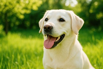 Close-up of a white retriever Labrador female enjoying a sunny summer day