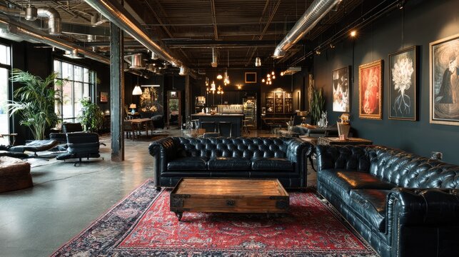 Exposed ceiling pipes and ductwork in a stylish industrial living space