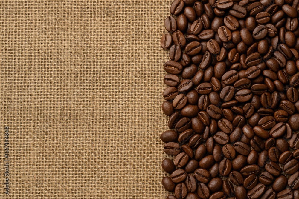 Poster coffee beans resting on a textured surface with empty space for text