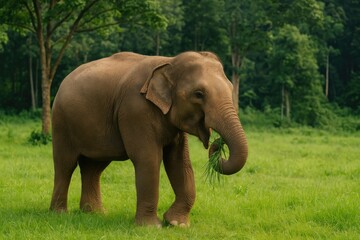 Naklejka premium Elephants grazing peacefully in a grassy field
