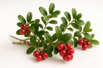 Close-up of freshly picked cowberry branches against a white background