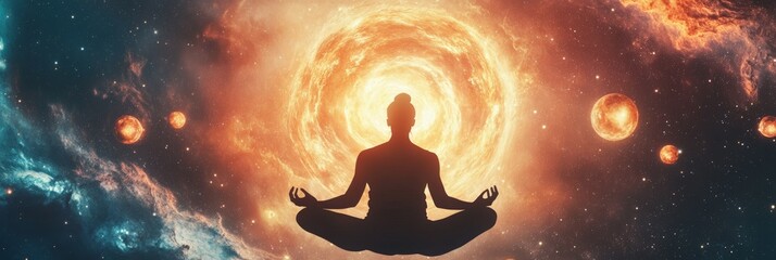 Silhouette of a woman meditating in the lotus position in front of a bright nebula with several planets floating in deep space, creating a cosmic and spiritual atmosphere