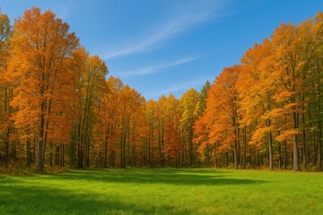 Autumn woodland with lush green meadows beneath a clear blue sky