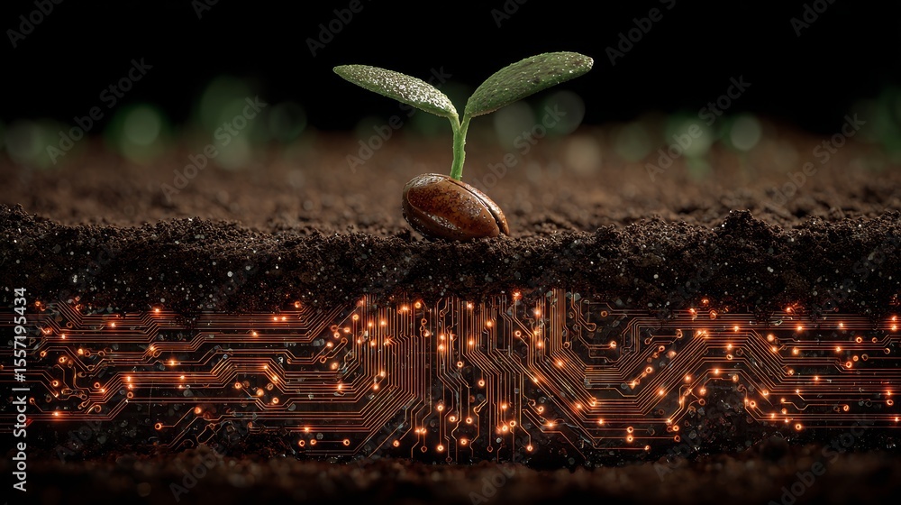 Aufkleber seedling emerging from soil reveals a hidden network, symbolizing growth and technology integration 