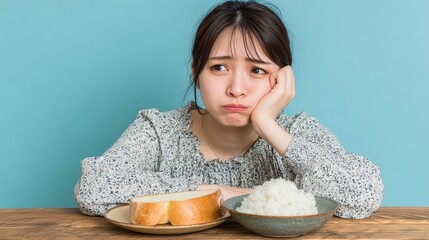 白米とパンの前で悩む女性