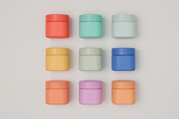 Arrangement of nine colorful cosmetic jars with lids on a white surface in a square grid pattern